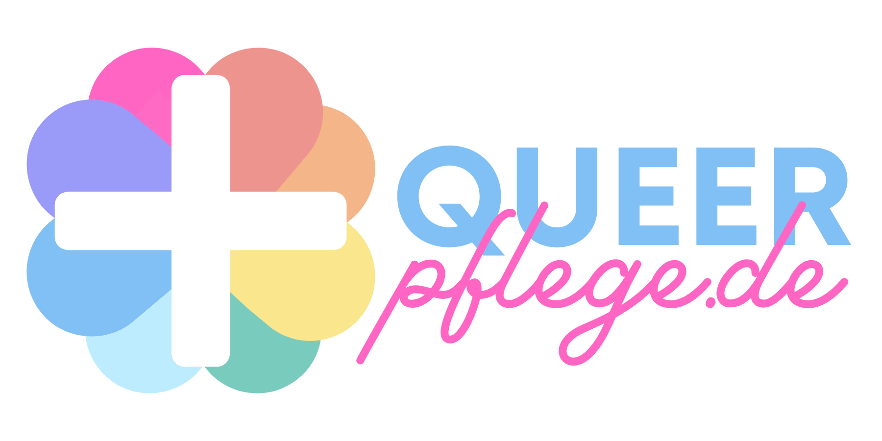 QueerPflege-LSBTIQ-Pflege Das Logo von Queer Pflege.de zeigt links ein weißes Kreuz über einer bunten Blume und rechts den Text „Queer Pflege.de“ in blauer und rosa Schrift, als Symbol für die queerfreundliche Pflege für LGBTQ+-Senioren.